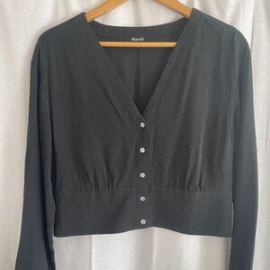 Madewell black button-up v-neck blouse, size Large